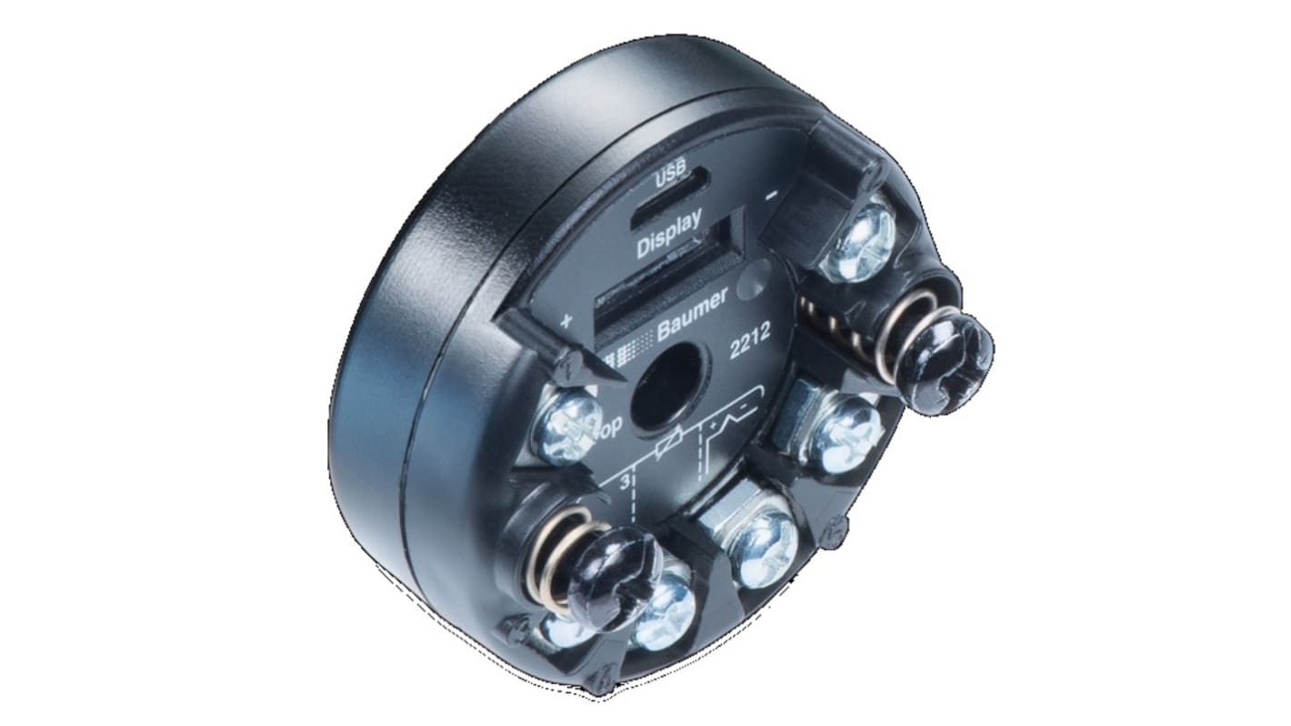 Trasmettitore di temperatura Baumer 2212-0002.0, ingresso PT100, uscita analogica, diametro 44 mm, alimentazione 7-40 V.