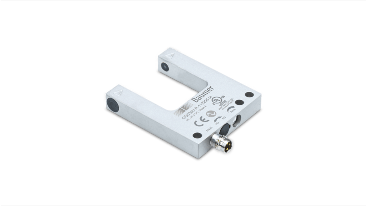 Sensore fotoelettrico a forcella Baumer OG030U.R-GW1O.7VL, rilevamento 30 mm, IP67, montaggio a vite, temperatura -25 a 60 °C.