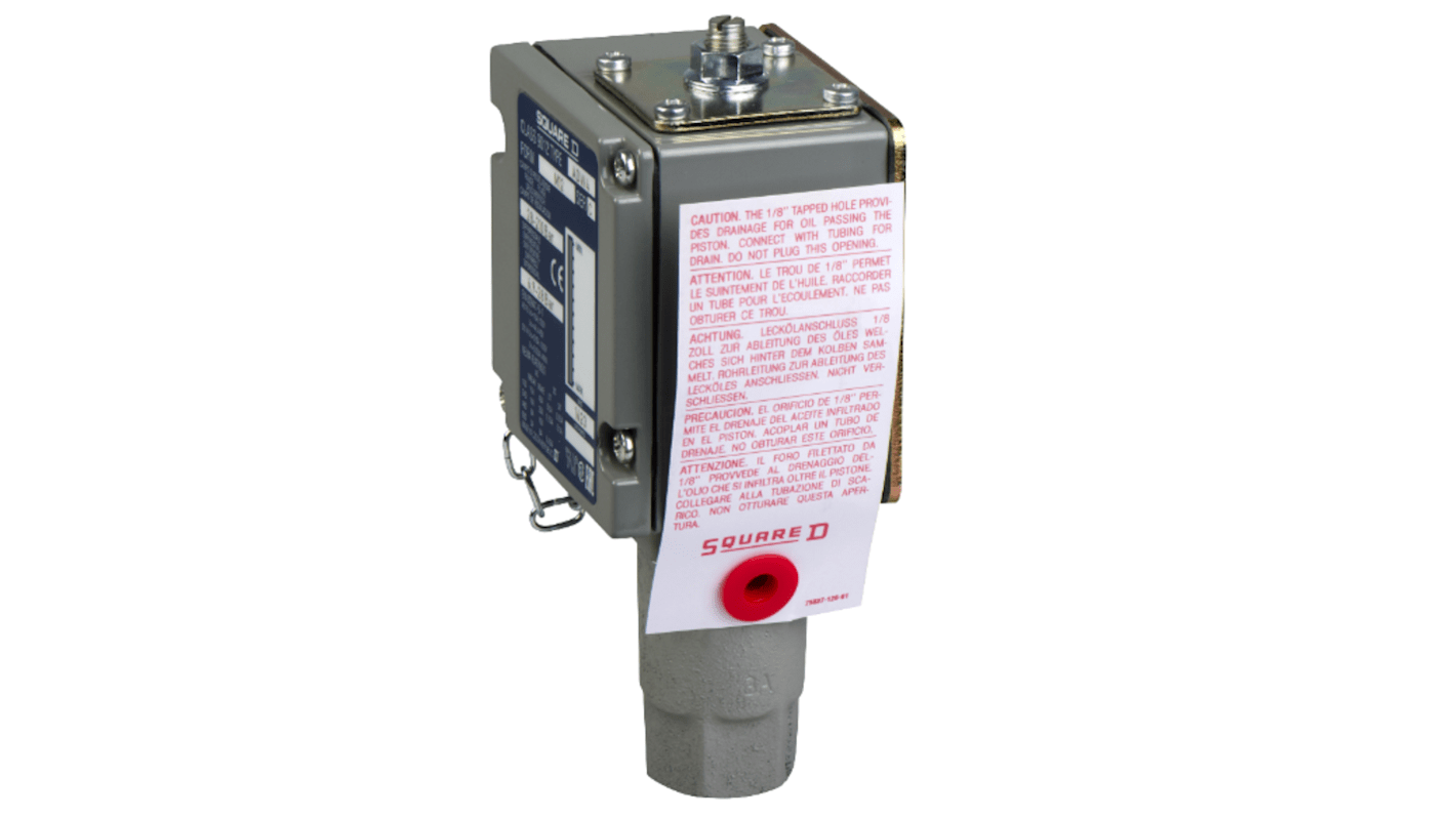Pressostato Telemecanique Sensors ADW4M129012, max 210 bar, uscita 1 C/O, G3/8, IP65, per applicazioni idrauliche e HVAC.