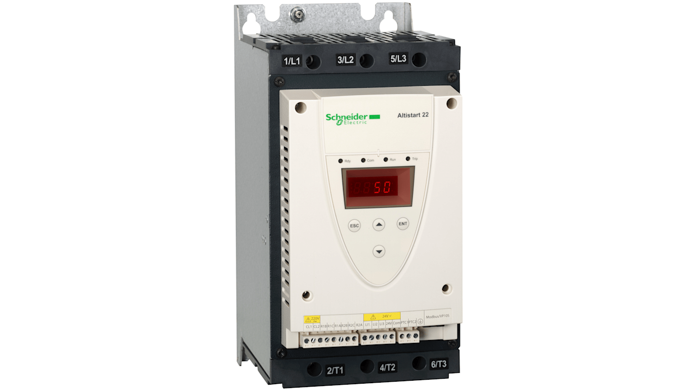 Soft starter digitale trifase Schneider Electric ATS22D88S6U, potenza 55,9 kW, tensione 208-600 V, grado di protezione IP20.