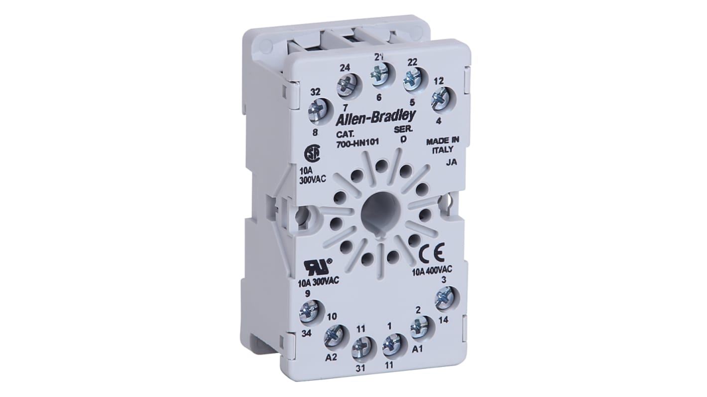 Zoccolo 11 pin Rockwell Automation 700-HN101 per relè 700-HTA2A, montaggio su guida DIN, tensione 300V.