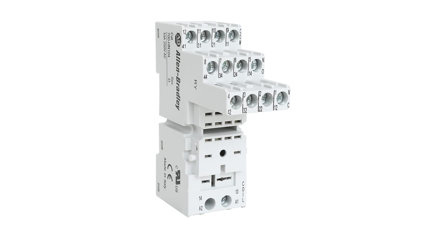 Zoccolo femmina Rockwell Automation 700-HN104 per relè 700-HC, 14 contatti, montaggio su guida DIN, tensione 300V.