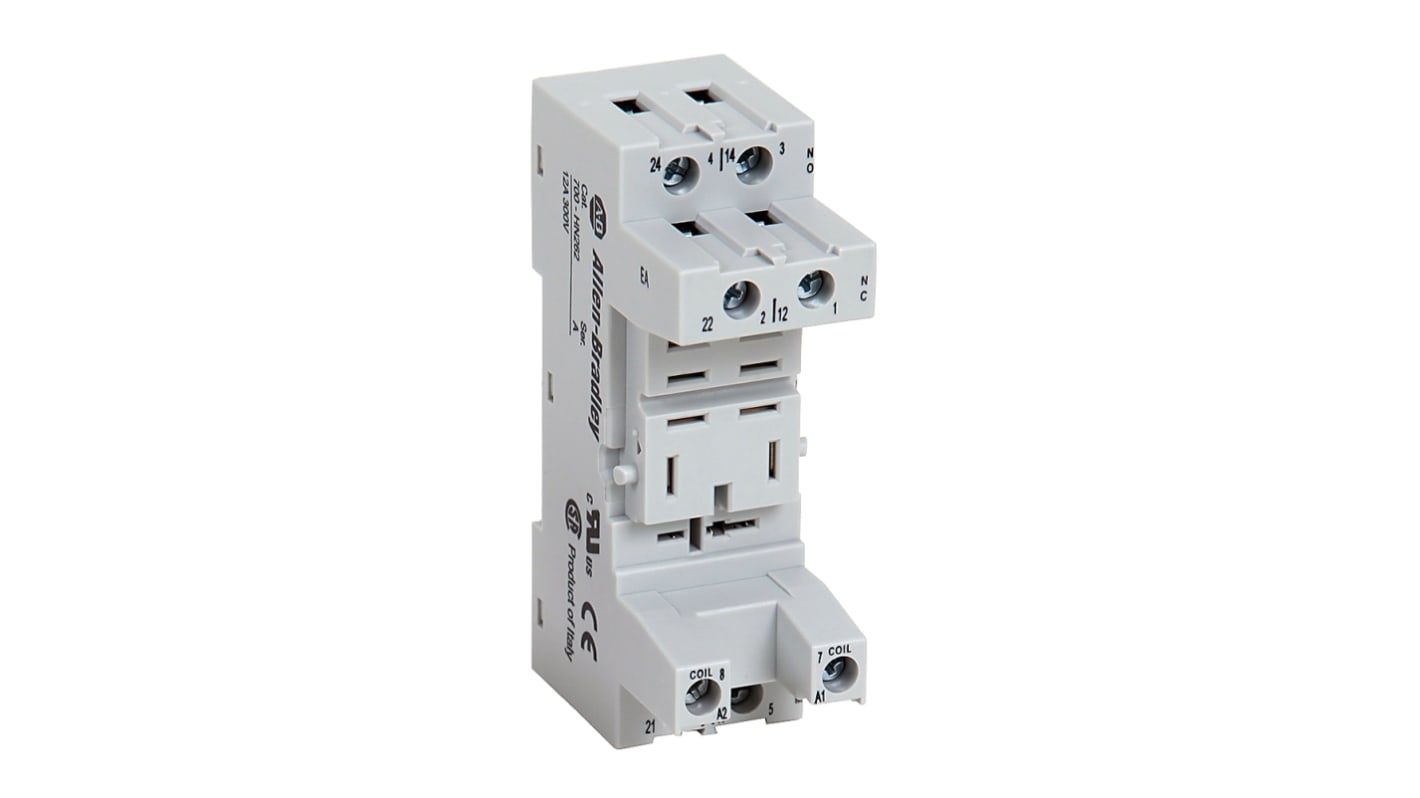 Zoccolo per relè Rockwell Automation 700-HN262, 8 contatti, montaggio su guida DIN, tensione massima 300V.