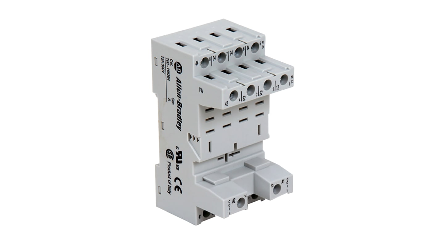 Zoccolo per relè Rockwell Automation 700-HN264, 14 contatti, montaggio su guida DIN, tensione massima 300V.