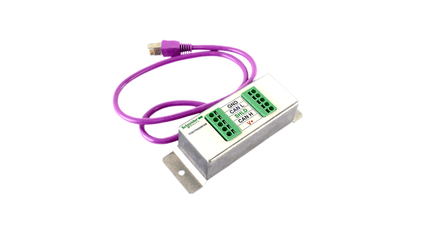 Adattatore per Altivar Schneider Electric TCSCTN026M16M, compatibile con bus CANopen, collegamento tramite RJ45 e morsetti a molla.