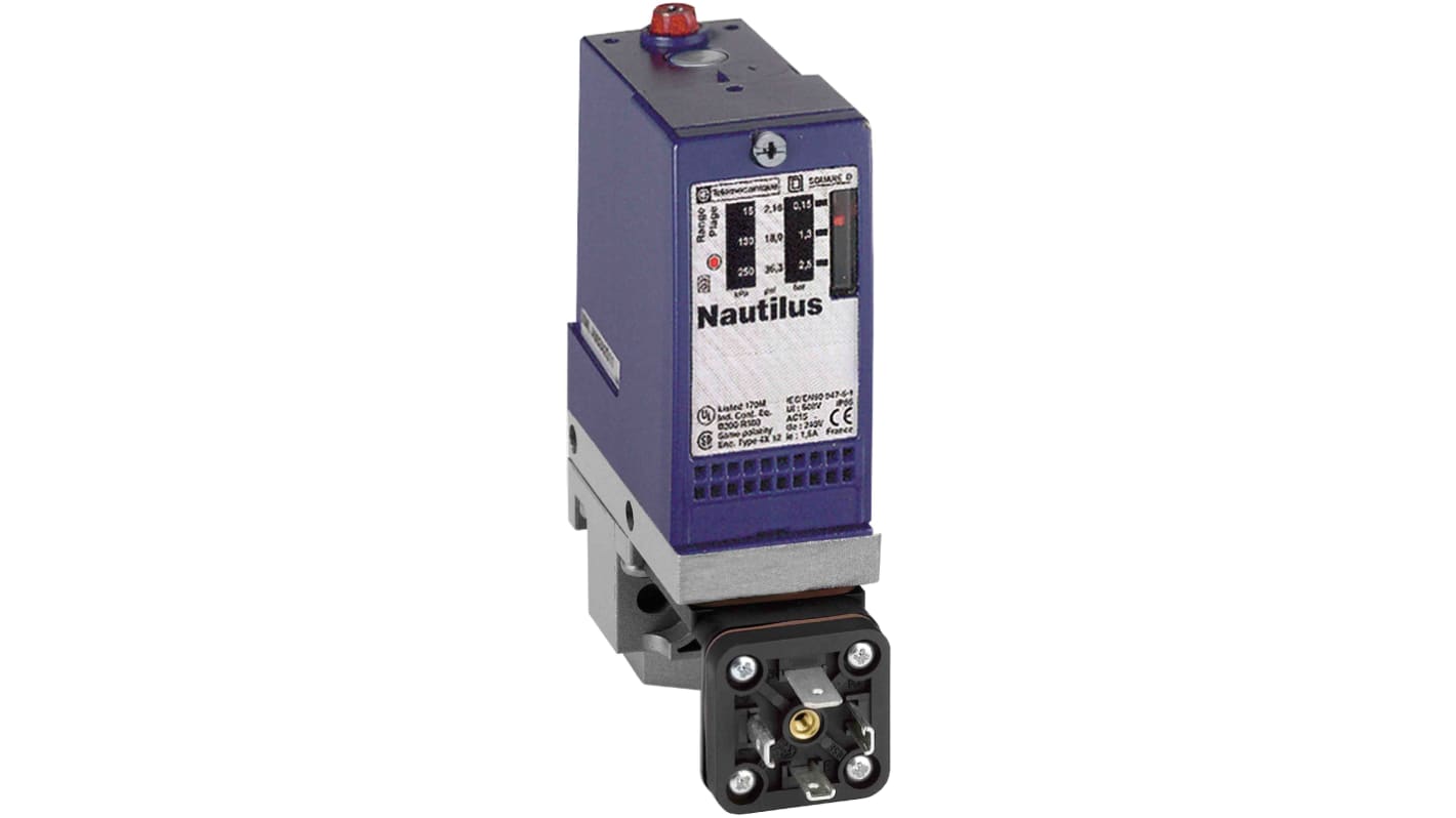 Pressostato differenziale Telemecanique Sensors XMLA160N2C11, max 160bar, uscita 1 C/O, IP65, G1/4, 250 V c.c., per aria e fluidi corrosivi.