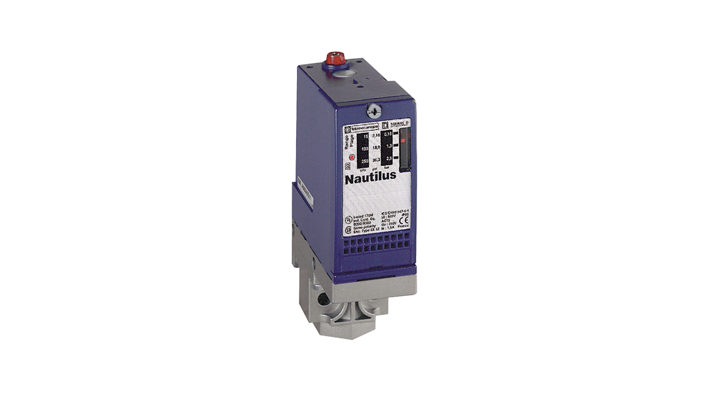 Pressostato differenziale Telemecanique Sensors XMLA160N2S11, max 160bar, uscita 1 C/O, IP66, per aria e fluidi corrosivi.