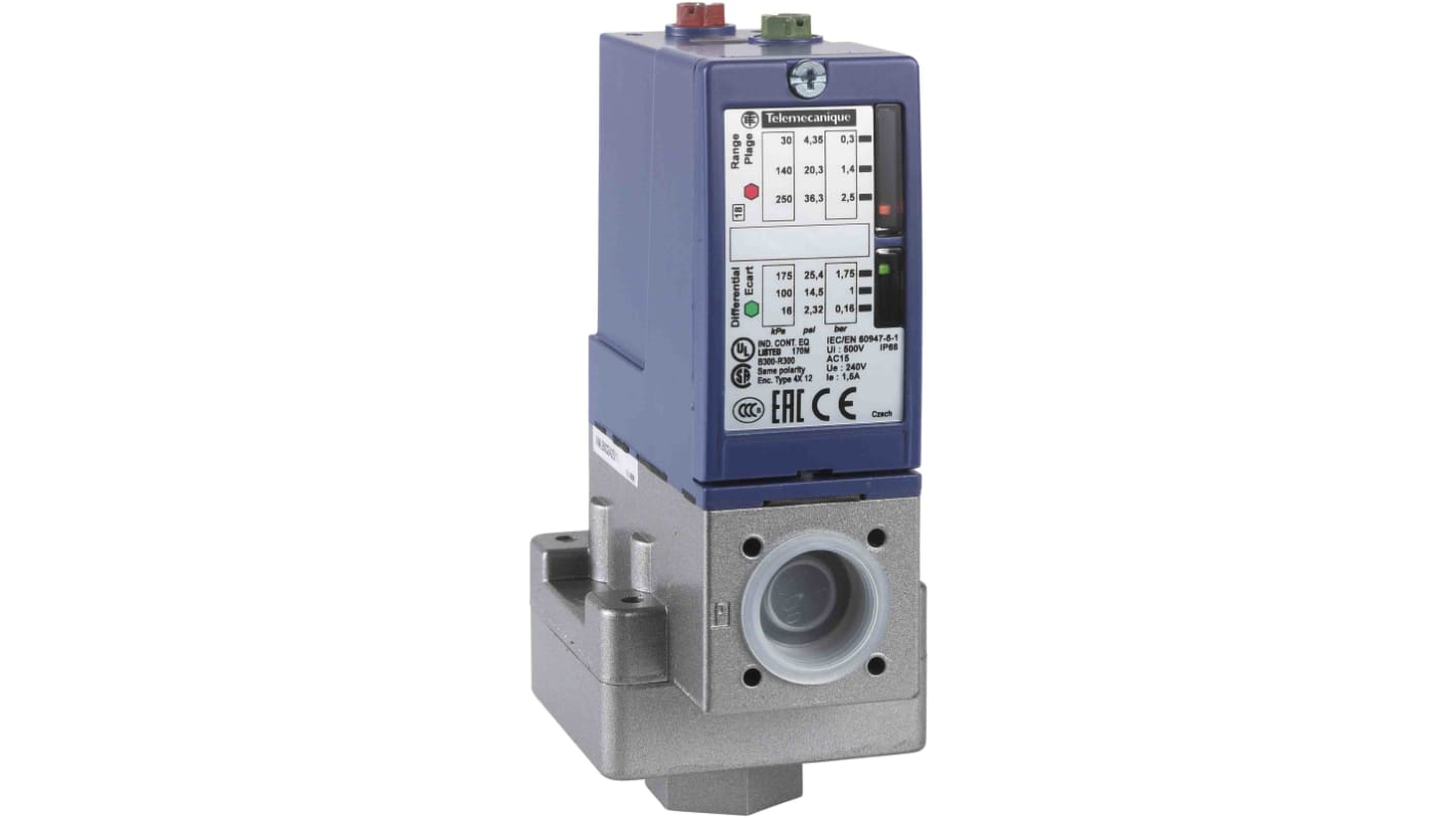 Pressostato differenziale Telemecanique Sensors XMLB004B2S11, regolabile da 0.25 a 4 bar, corpo in lega di zinco, IP66.