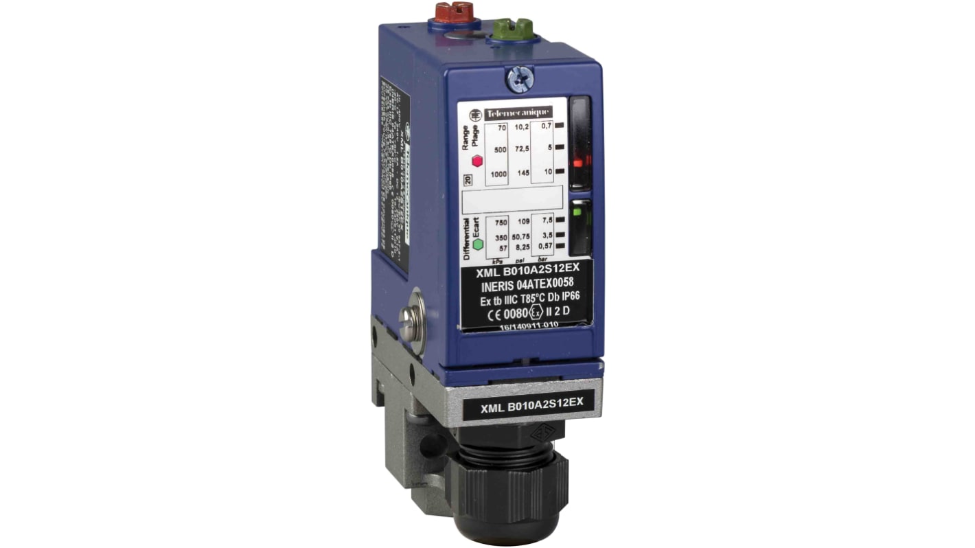 Pressostato differenziale Telemecanique Sensors XMLB010A2S12EX, corpo in lega di zinco, pressione massima 10bar, grado di protezione IP66.