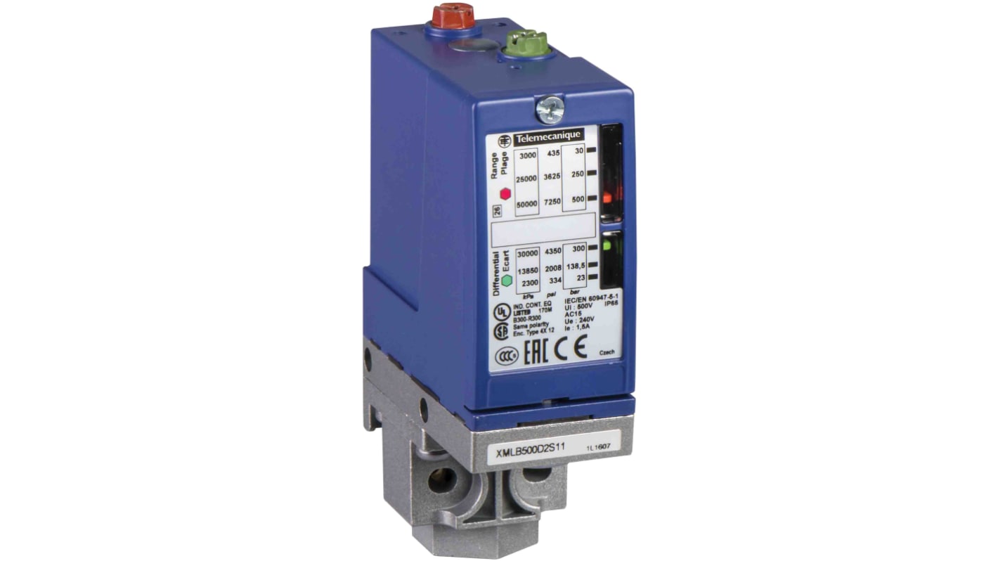 Pressostato differenziale Telemecanique Sensors XMLB300N2S12, 22-300 bar, uscita 1 C/O, grado di protezione IP66, corpo in lega di zinco.