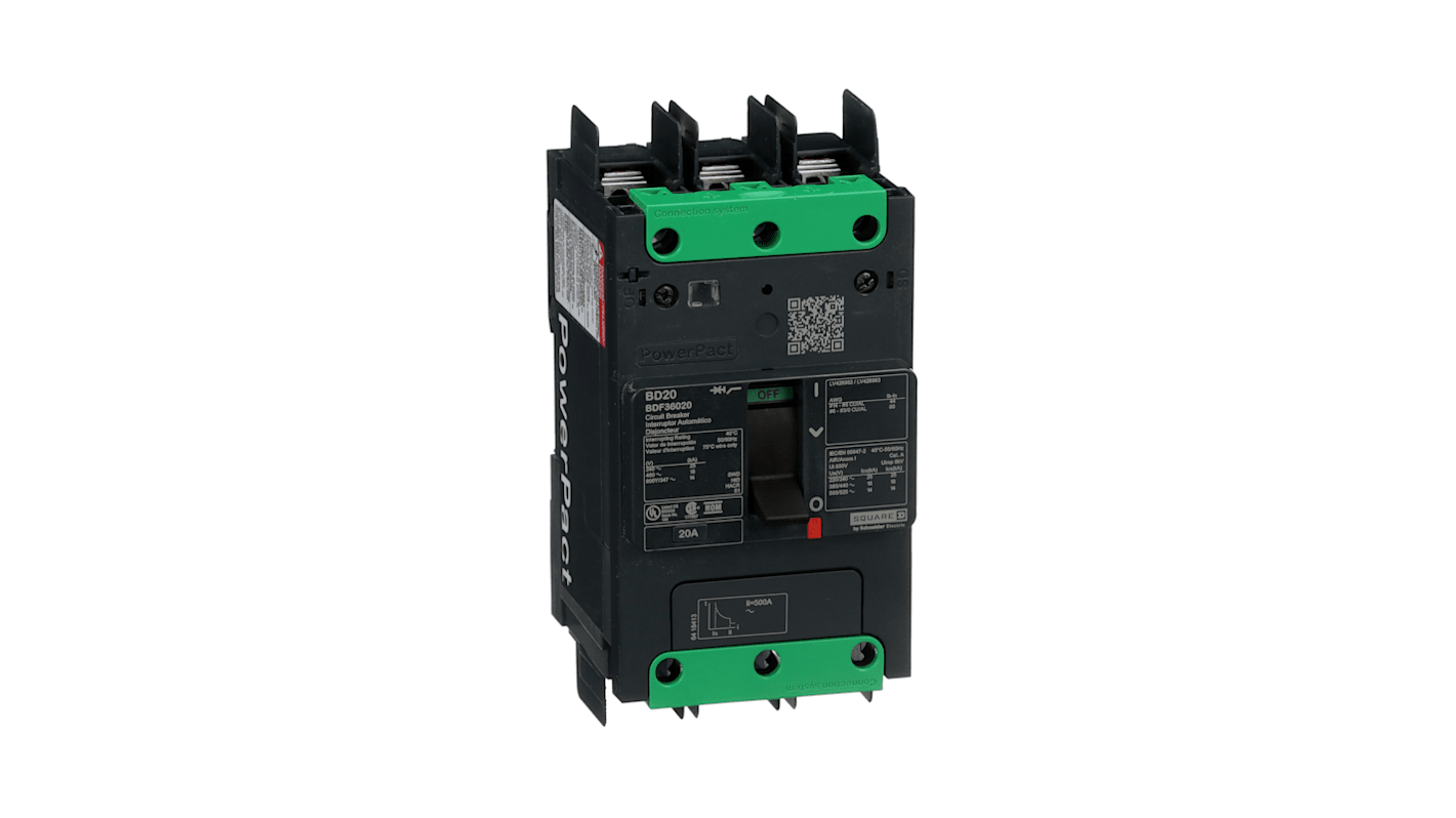Interruttore magnetotermico Schneider Electric 3P, Tipo D, 20A, montaggio su guida DIN, serie BDF3, per protezione elettrica.