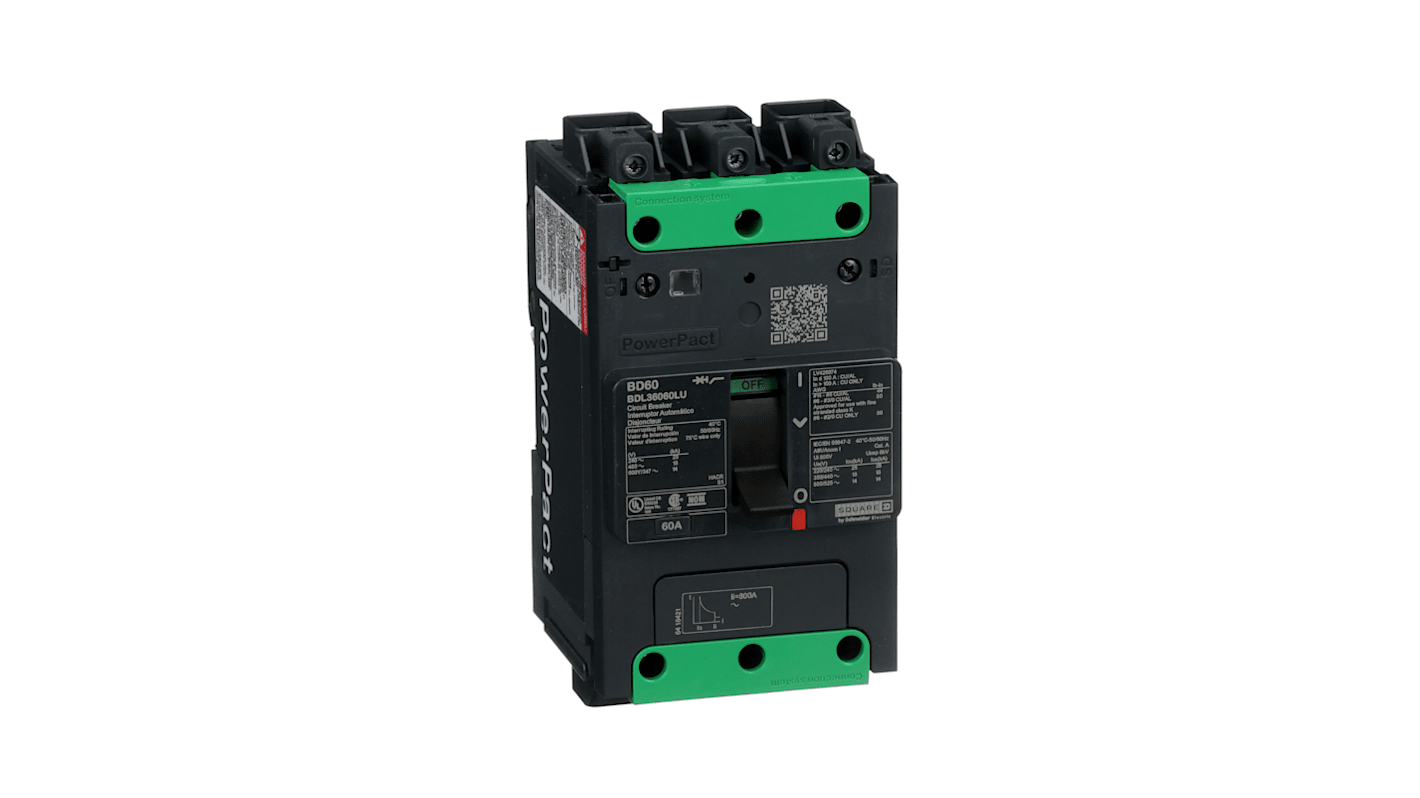 Interruttore automatico MCCB Schneider Electric BDL36060LU, 3 poli, 60A, 525 V, ingombro ridotto, certificato UL 489.