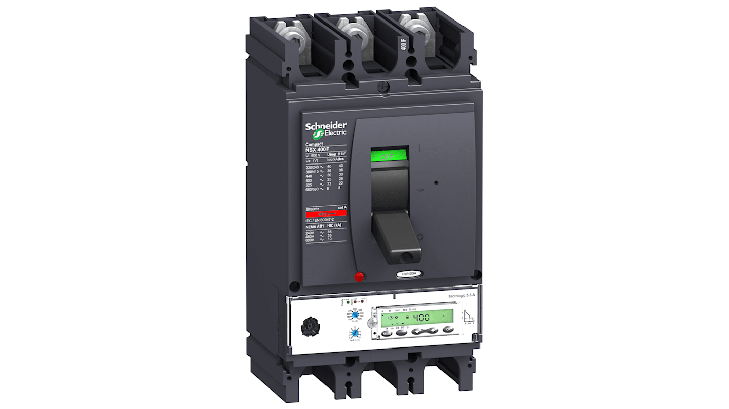Interruttore automatico MCCB fisso Schneider Electric, 3 poli, 400A, con unità Micrologic 5.3 A e capacità di interruzione 70kA.