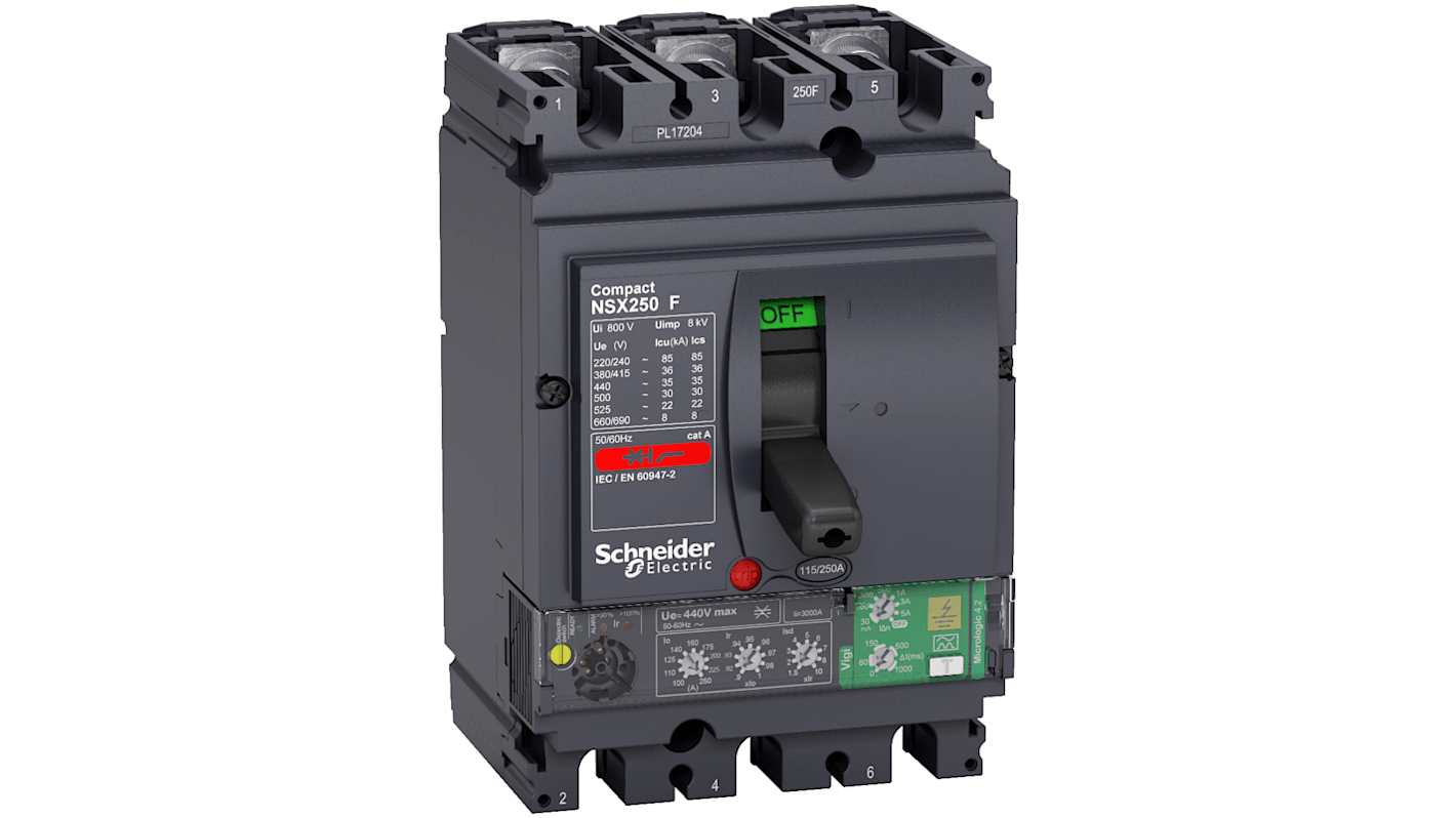 Interruttore automatico MCCB fisso Schneider Electric, 3 poli, 250A, montaggio fisso, protezione IP40, capacità di interruzione 36kA.