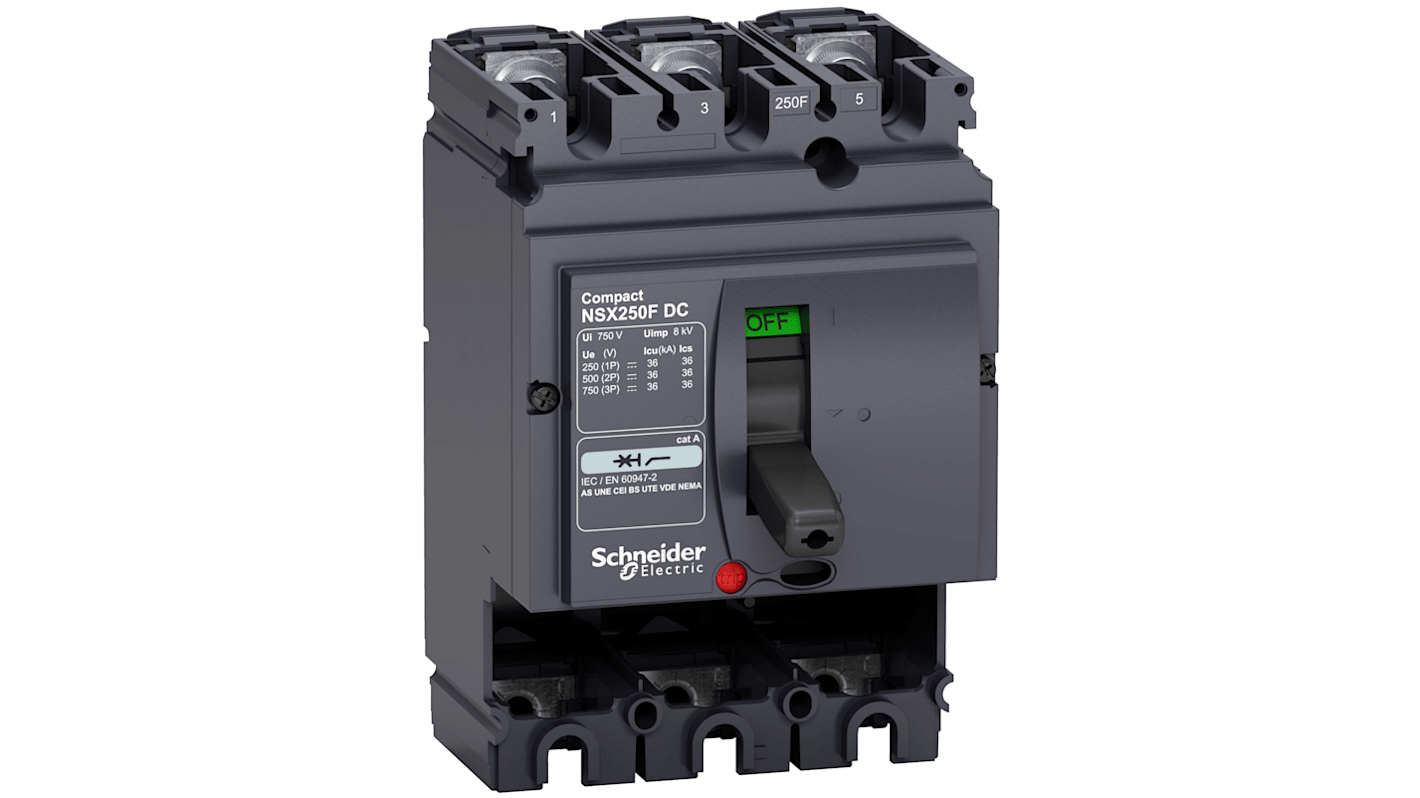 Interruttore automatico MCCB Fisso Schneider Electric, 3 poli, 250A, 750VDC, grado di protezione IP40, codice LV438203.