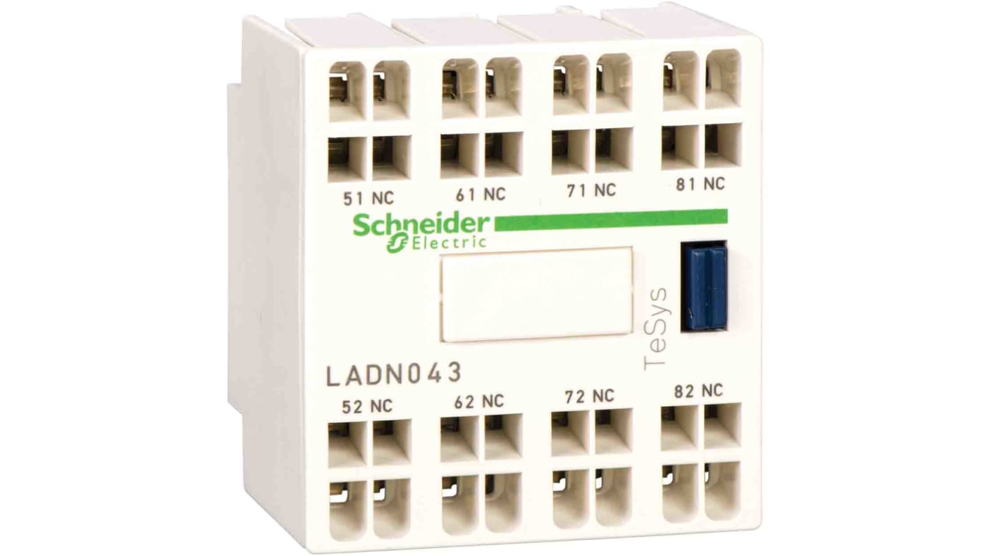 Blocco di contatti ausiliari Schneider Electric LADN043, 4NC, montaggio a clip, tensione 690 V, grado di protezione IP20.