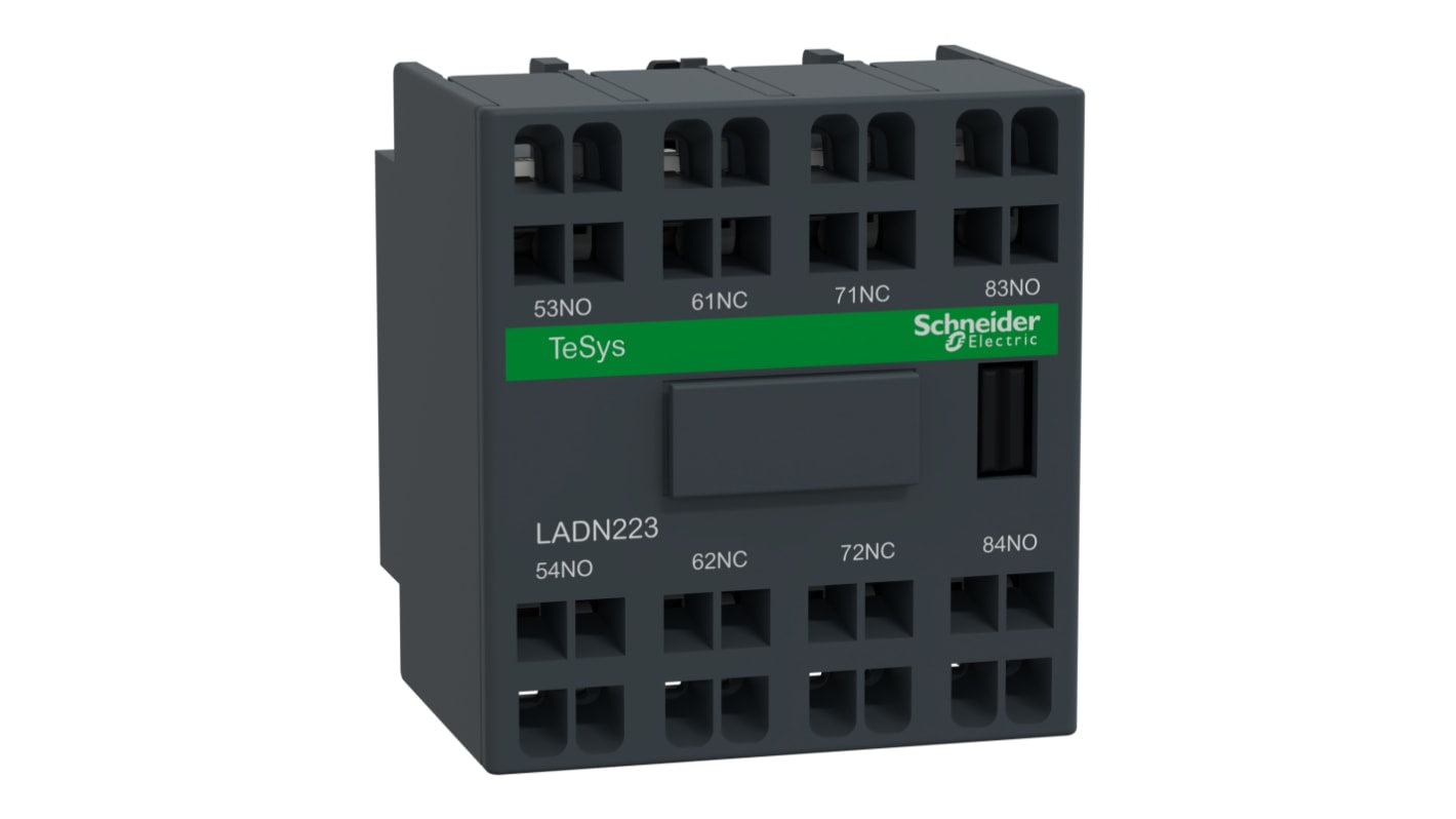 Schneider Electric LADN223, blocco di contatti ausiliari con 4 contatti (2NC + 2NO), montaggio frontale, dimensioni 48 x 44 x 42 mm.