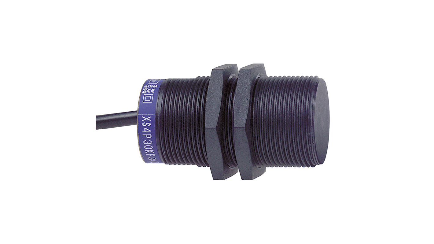 Sensore di prossimità cilindrico Telemecanique Sensors XS4P30MB230L2, M30, rilevamento 15 mm, uscita 1 NC, IP68, cavo 10 m.