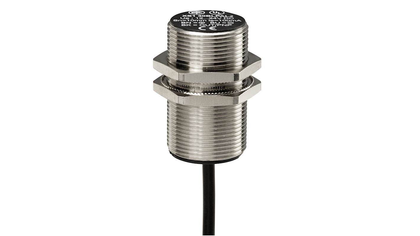 Sensore di prossimità cilindrico PNP Telemecanique Sensors XS530BLPAL5, M30, rilevamento 10 mm, IP68/IP69K, cavo 5 m.