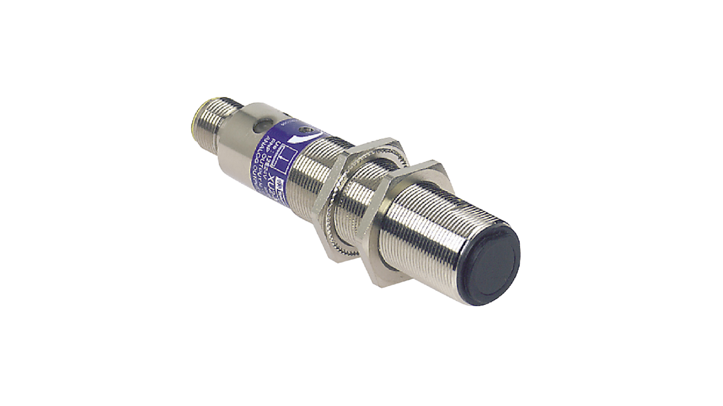 Sensore fotoelettrico cilindrico Telemecanique Sensors XU2M18MB230K, rilevamento a fascio diretto fino a 15 m, uscita 1 NC, connettore UNF a 3 pin.