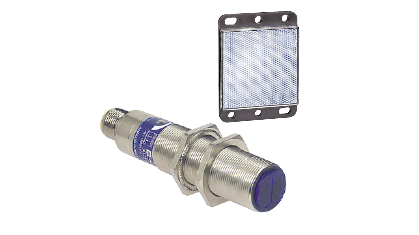 Sensore fotoelettrico cilindrico Telemecanique Sensors XU9M18MB230K, design M18, rilevamento fino a 2 m, uscita 1 NC, connettore UNF a 3 pin.
