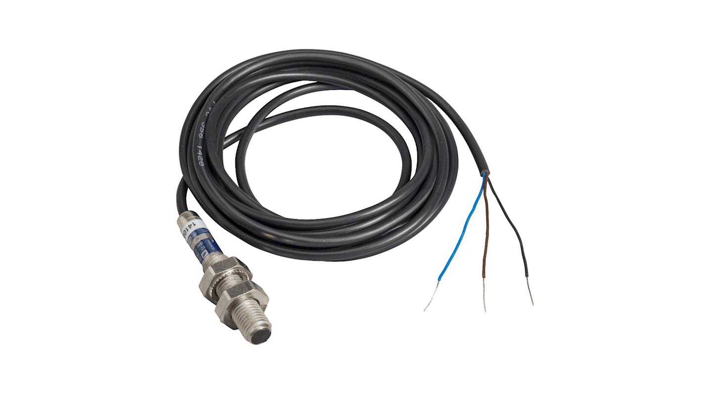 Sensore fotoelettrico miniaturizzato filettato Telemecanique Sensors XUAH0224, rilevamento a 2 m, uscita PNP, cablaggio a 3 fili.