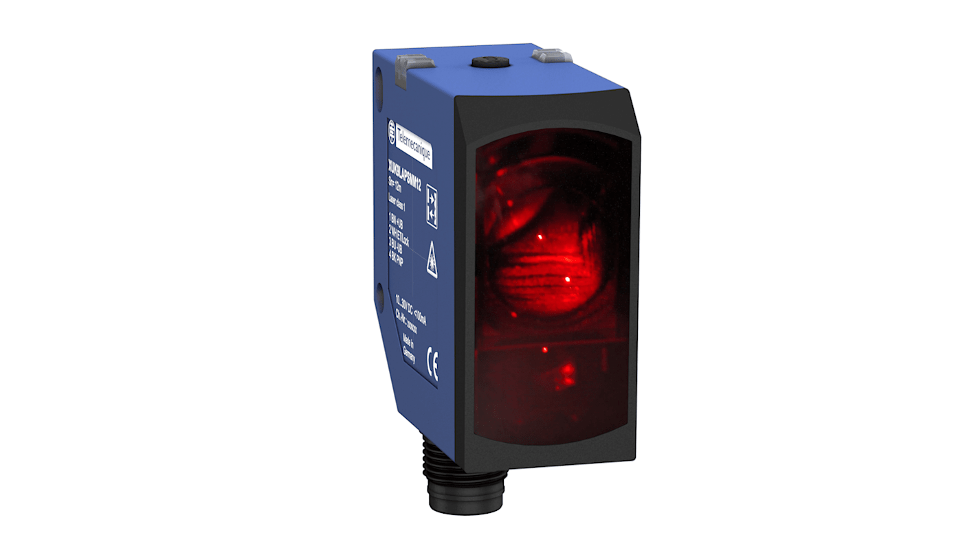 Sensore fotoelettrico rettangolare Telemecanique Sensors XUK9LAPSMM12, rilevamento fino a 12 m, uscita PNP, connettore M12 a 4 pin.