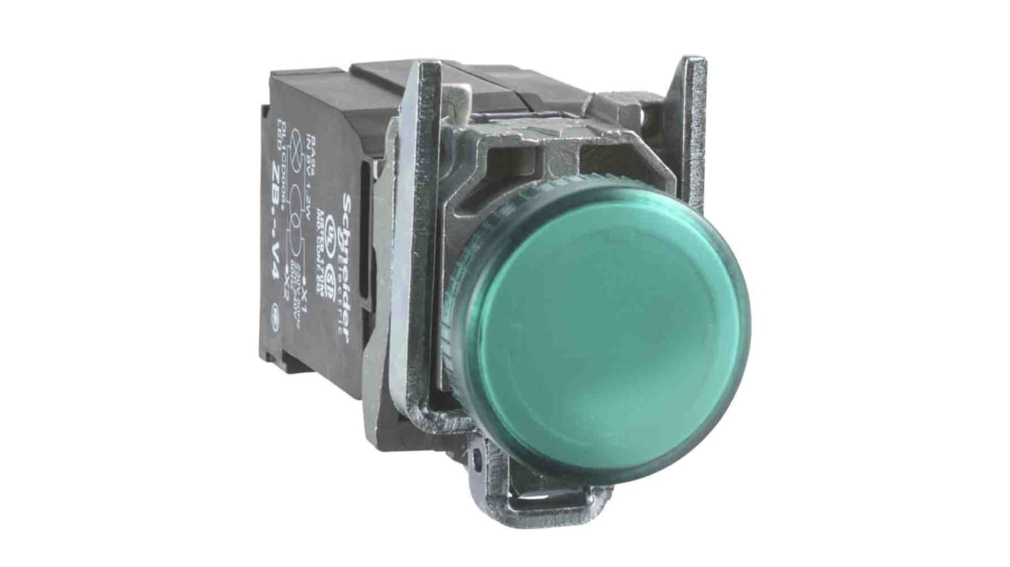 Luce pilota Schneider Electric Harmony XB4, LED verde, diametro foro 22mm, tensione 400V, resistente a urti e polvere.