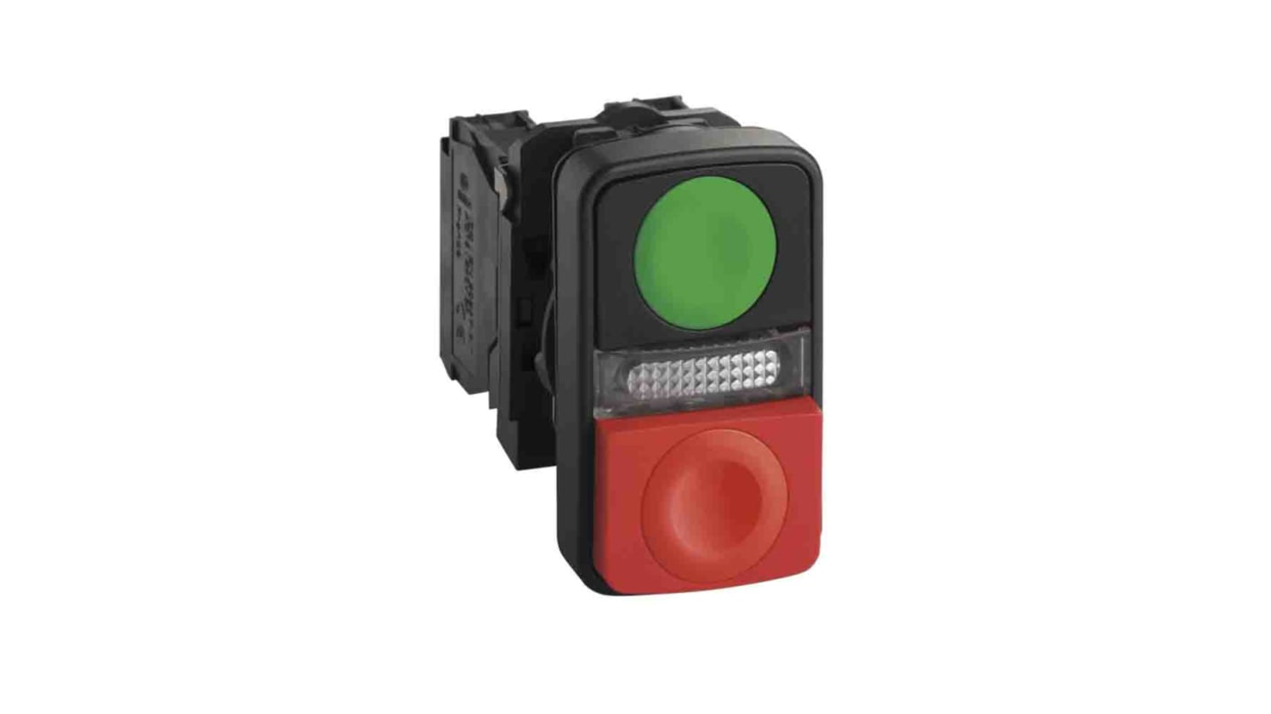 Schneider Electric, pulsante luminoso modulare Harmony XB5, 1 NA + 1 NC, con pulsanti verde e rosso, diametro foratura 22 mm.