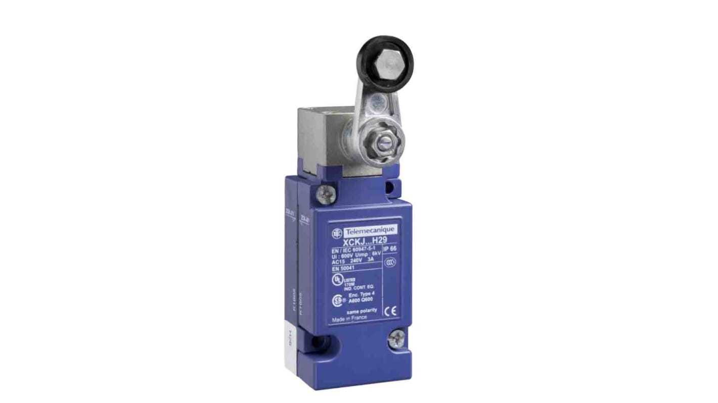 Interruttore di fine corsa Telemecanique Sensors XCKJ110513H29 con leva a rullo, 1CO, 500V, 10A, IP66, progettato per applicazioni industriali.