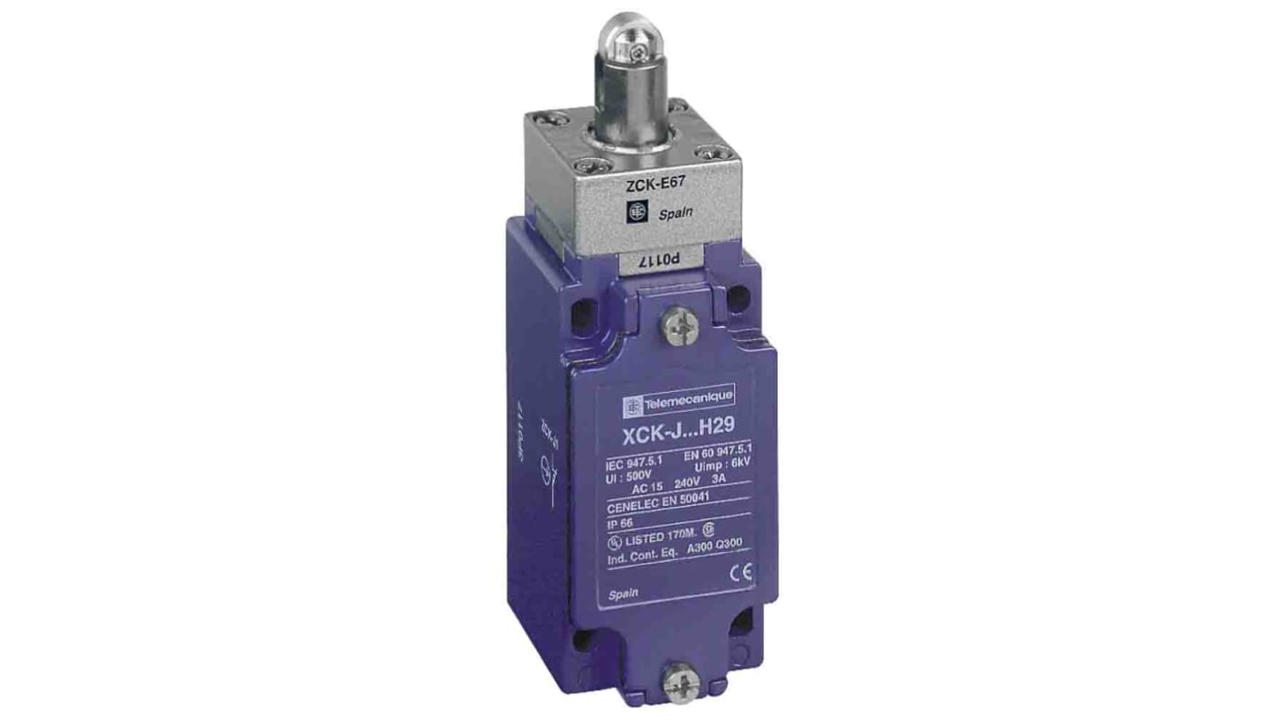 Interruttore di fine corsa a rotella Telemecanique Sensors XCKJ567H29, 1NC/1NA, IP66, 10A, 500V, custodia in lega di zinco.