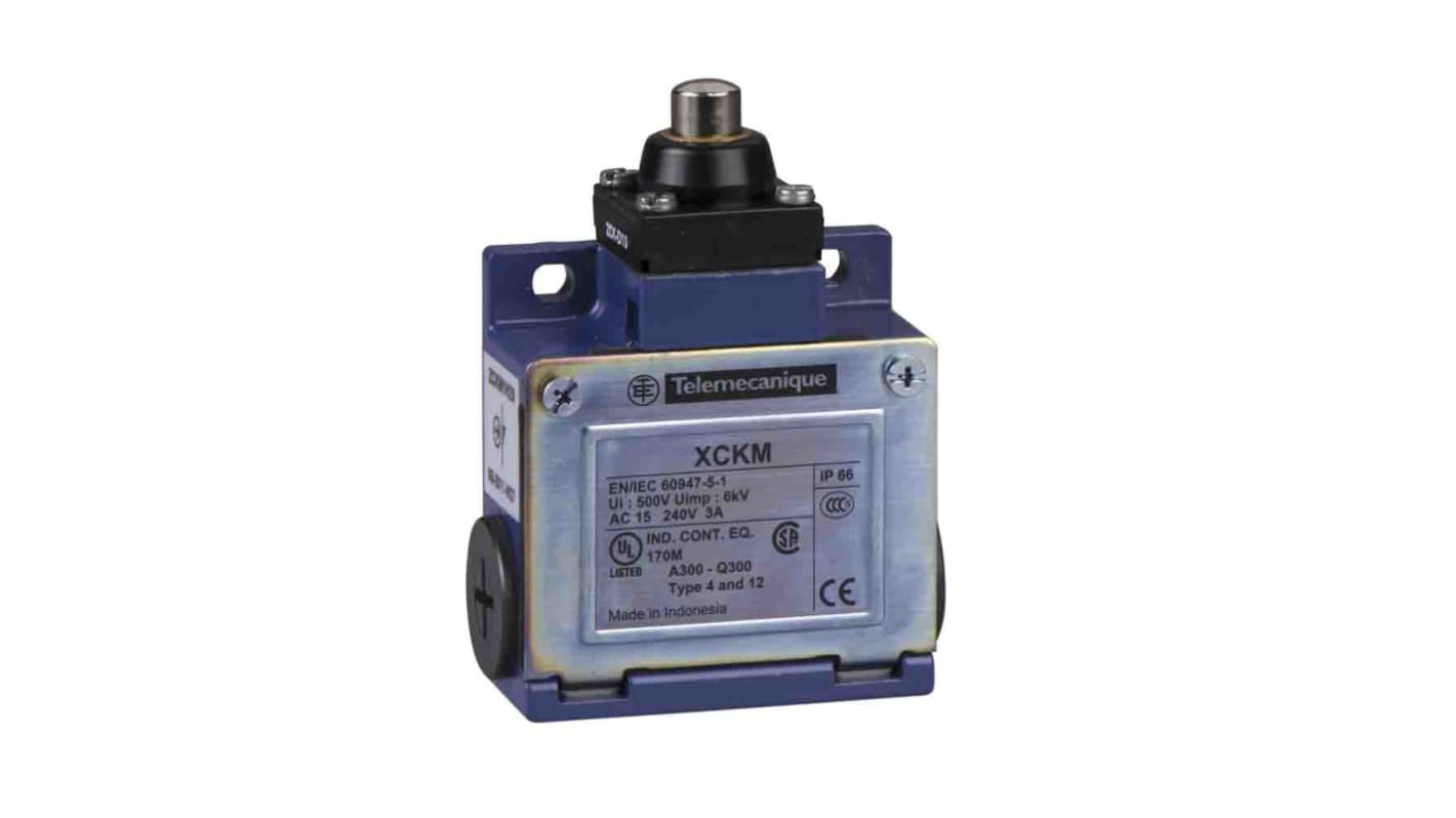 Interruttore di fine corsa Telemecanique Sensors XCKM101 con stantuffo metallico, 1NC/1NA, IP66, IK05, 500V, 10A.
