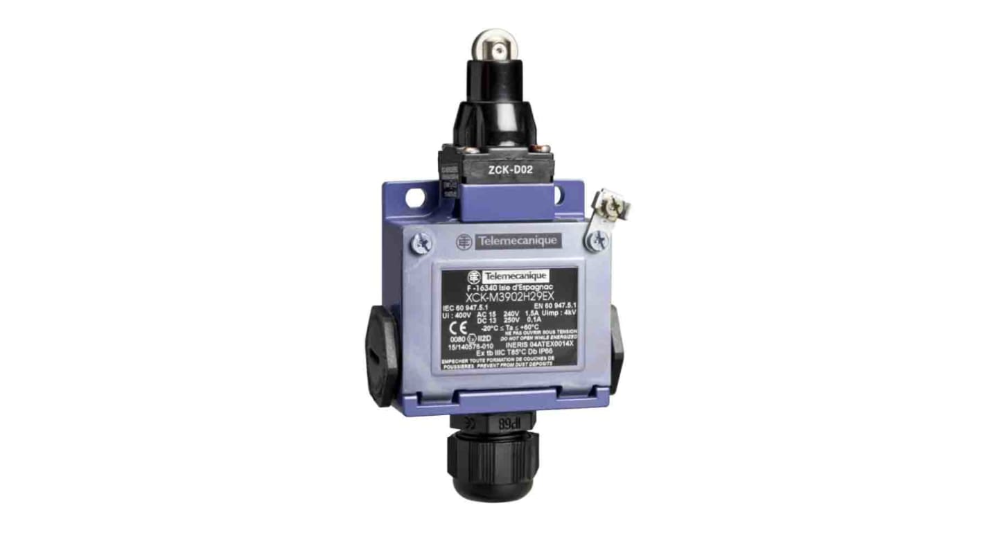Interruttore di fine corsa a rotella Telemecanique Sensors XCKM3902H29EX, 2NC/1NA, IP66, custodia metallica, azione rapida.