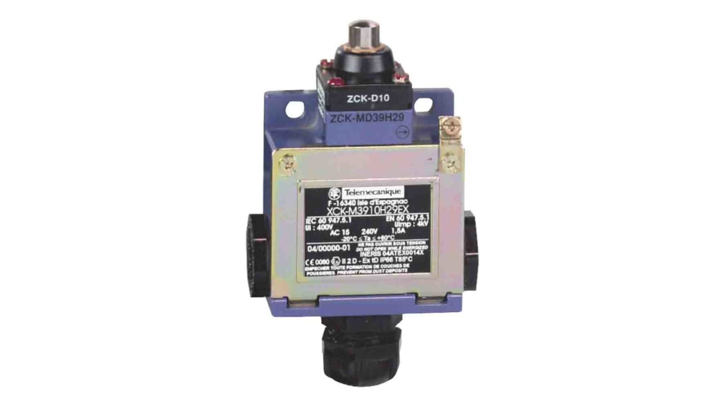 Interruttore di fine corsa Telemecanique Sensors XCKM3910H29EX, stantuffo, 2NC/1NA, IP66, custodia metallica, azione rapida.