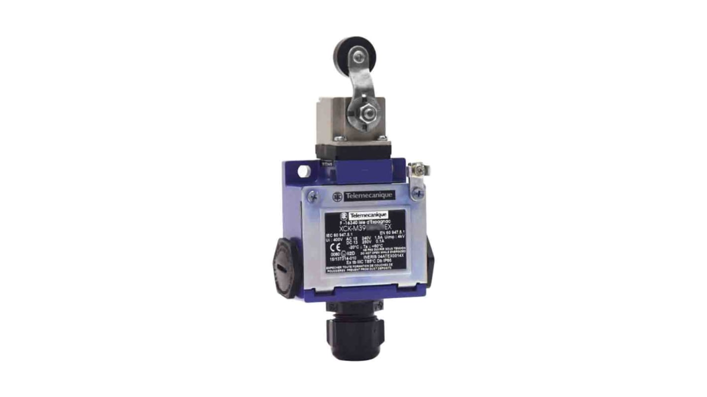 Interruttore di fine corsa a rullo Telemecanique Sensors XCKM3915H29EX, 2NC/1NA, IP66, custodia metallica, azione rapida.
