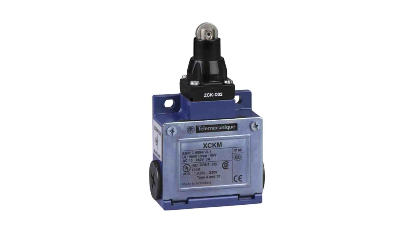 Interruttore di fine corsa a rotella Telemecanique Sensors XCKM502H29, 1NC/1NA, IP66, custodia in lega di zinco, 10A, 500V.