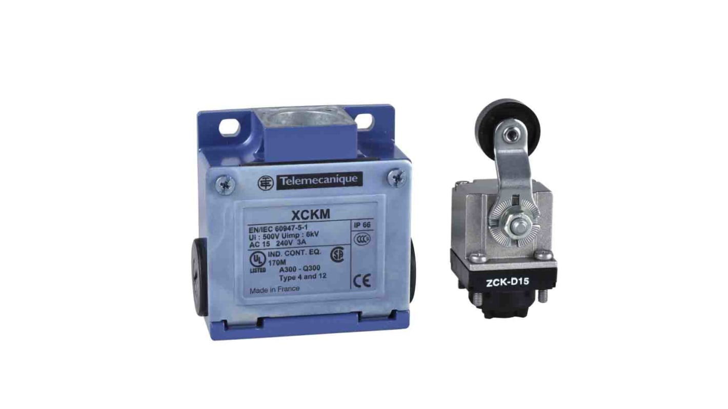 Interruttore di fine corsa rullo Telemecanique Sensors XCKM515, 1NC/1NA, 500V, 10A, grado di protezione IP66.