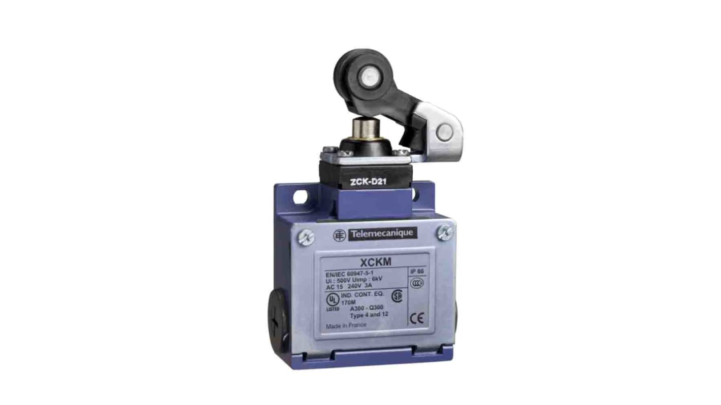 Interruttore di fine corsa Telemecanique Sensors XCKM521H29, con leva e pulsante, 1NC/1NA, IP66, custodia in metallo.