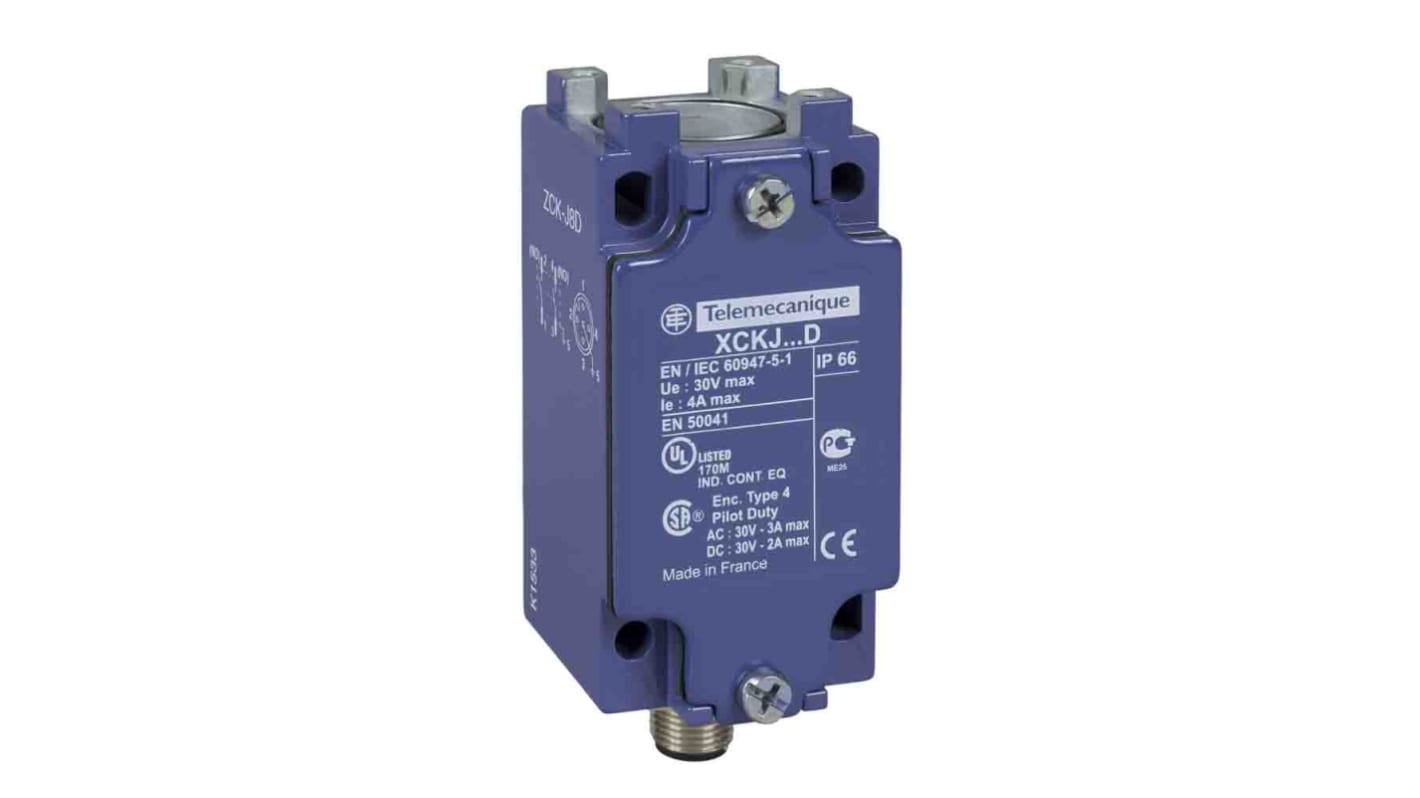 Interruttore di fine corsa Telemecanique Sensors ZCKJ8D, corpo metallico, 2 contatti normalmente aperti, IP66, 60V, 10A.