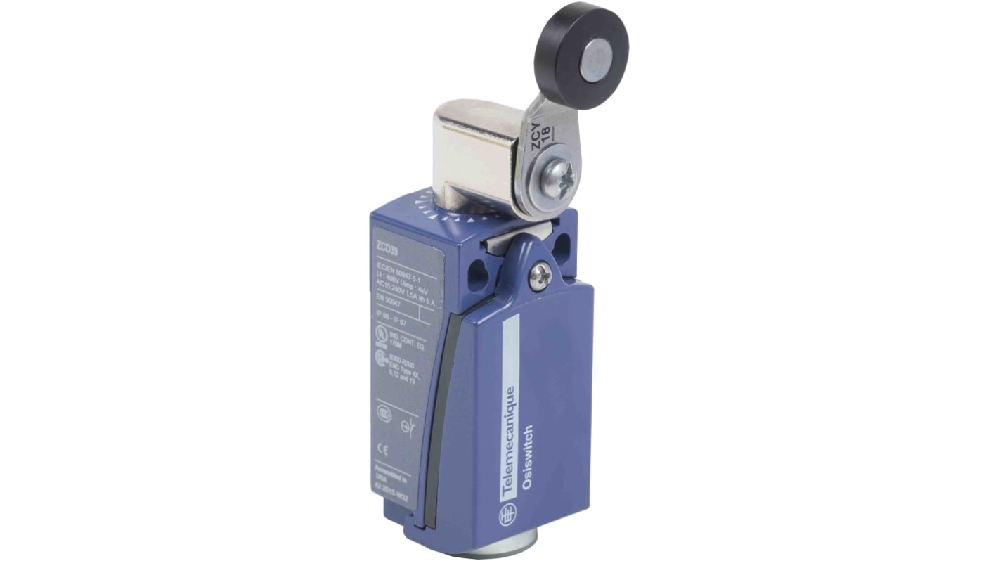 Interruttore di fine corsa a rullo Telemecanique Sensors XCKD2518P16, 1NC/1NA, IP66/IP67, custodia metallica, corrente max 10A.