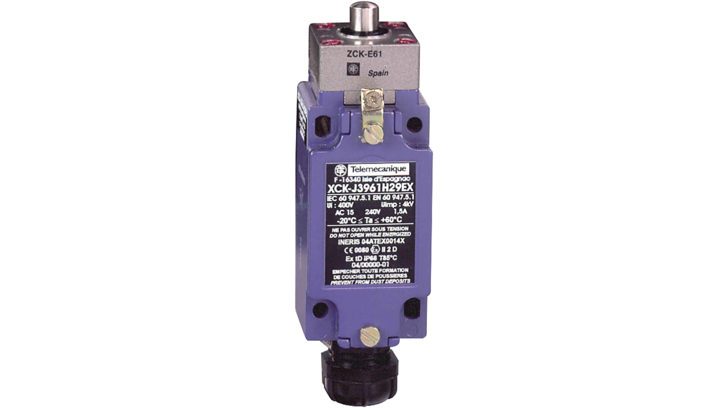 Interruttore di fine corsa Telemecanique Sensors XCKJ3961H29EX, stantuffo, 2NC/1NA, IP66, custodia metallica, corrente max 6A.