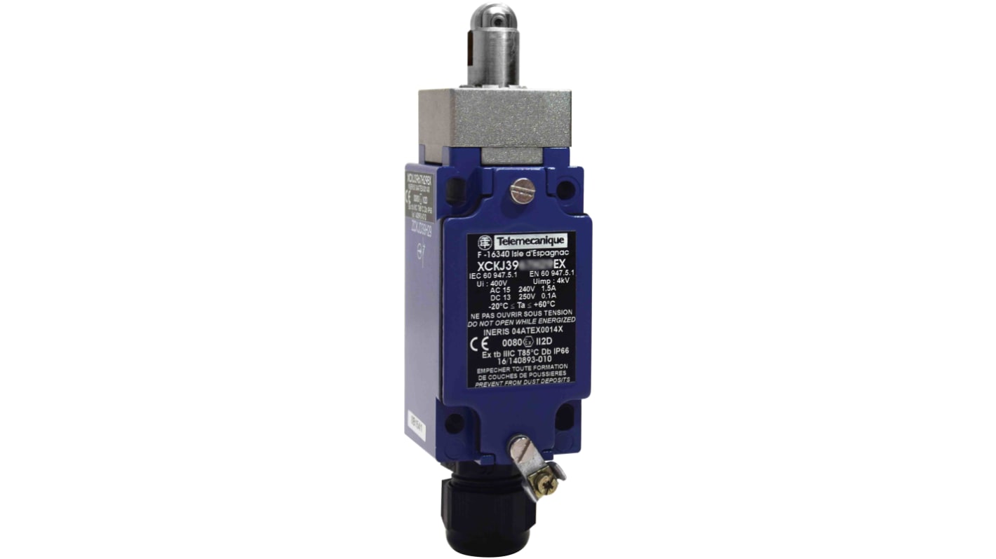 Interruttore di fine corsa a rullo Telemecanique Sensors XCKJ3967H29EX, 2NC/1NA, IP66/IP67, custodia metallica, corrente massima 6A.