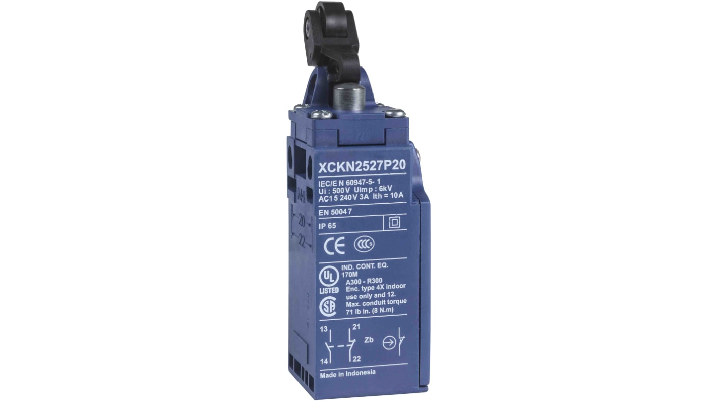 Interruttore di fine corsa a rullo Telemecanique Sensors XCKN2127P20, 1NC/1NA, IP66, custodia metallica, corrente max 10A.