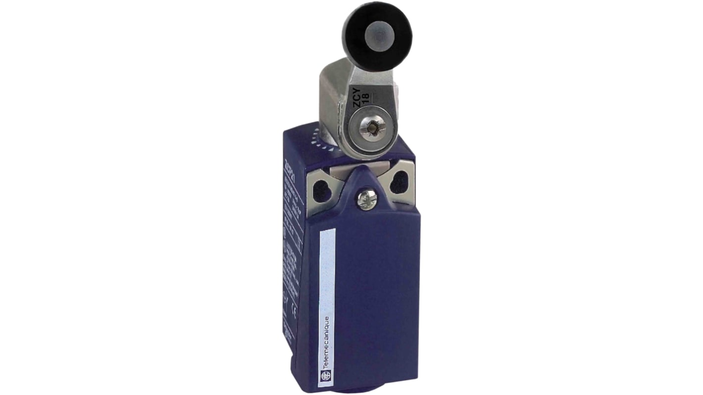 Interruttore di fine corsa a rullo Telemecanique Sensors XCKP2518P16, 1NC/1NA, IP66/IP67, custodia plastica, corrente max 10A.