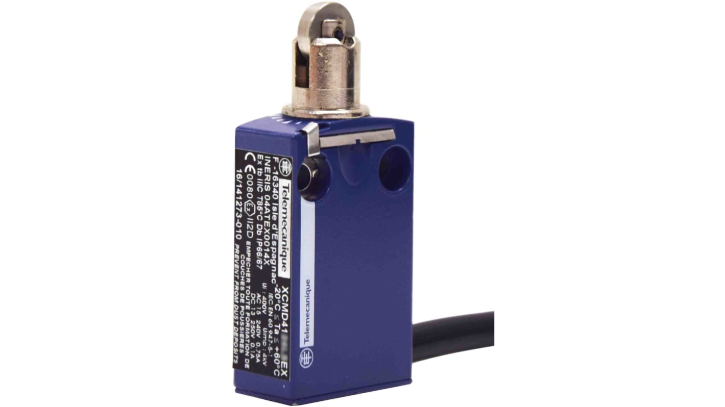 Interruttore di fine corsa a rullo Telemecanique Sensors XCMD4102L5EX, 2NA e 2NC, IP66/IP67, custodia metallica, corrente max 6A.