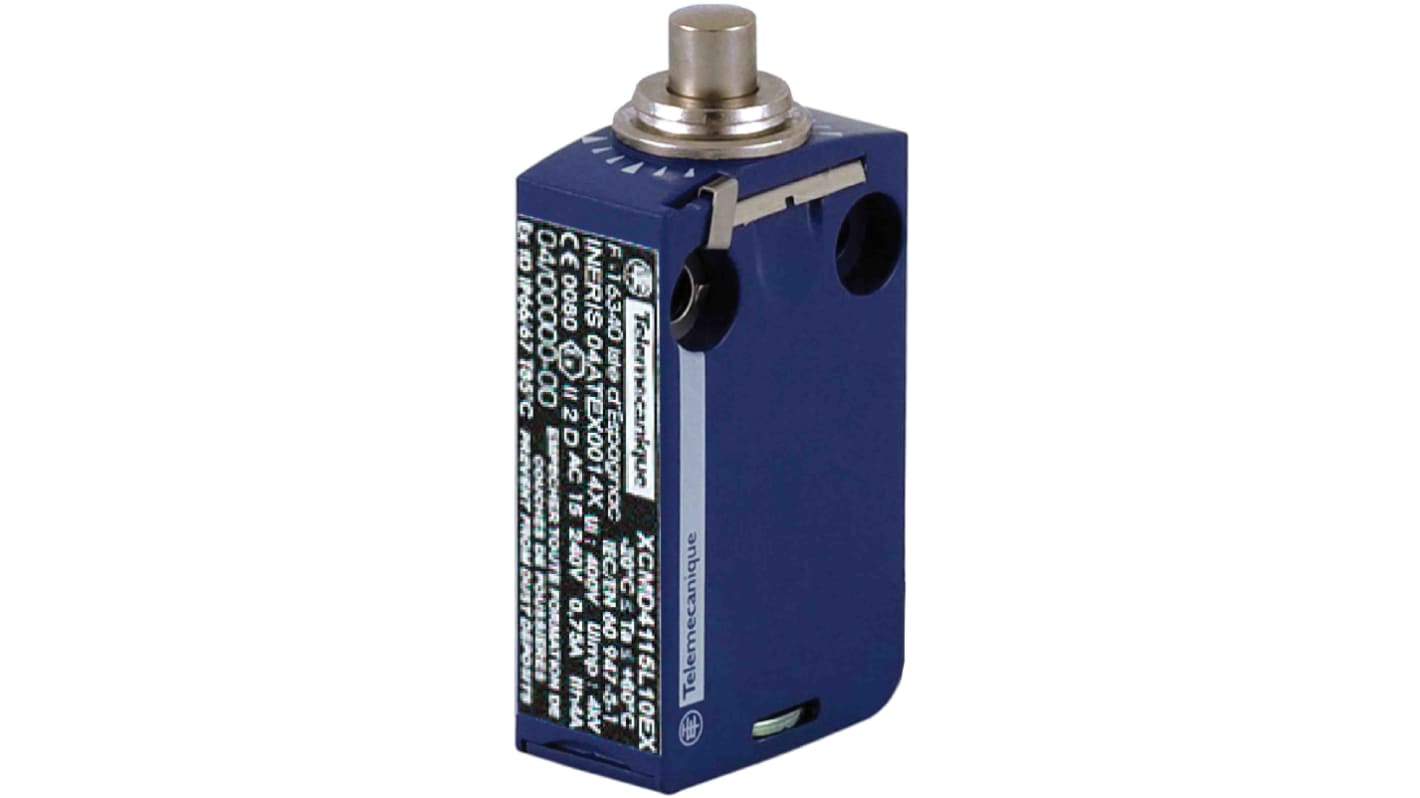 Interruttore di fine corsa Telemecanique Sensors XCMD4110L5EX, stantuffo, 2NA/2NC, IP66/IP67, custodia metallica, corrente max 6A.