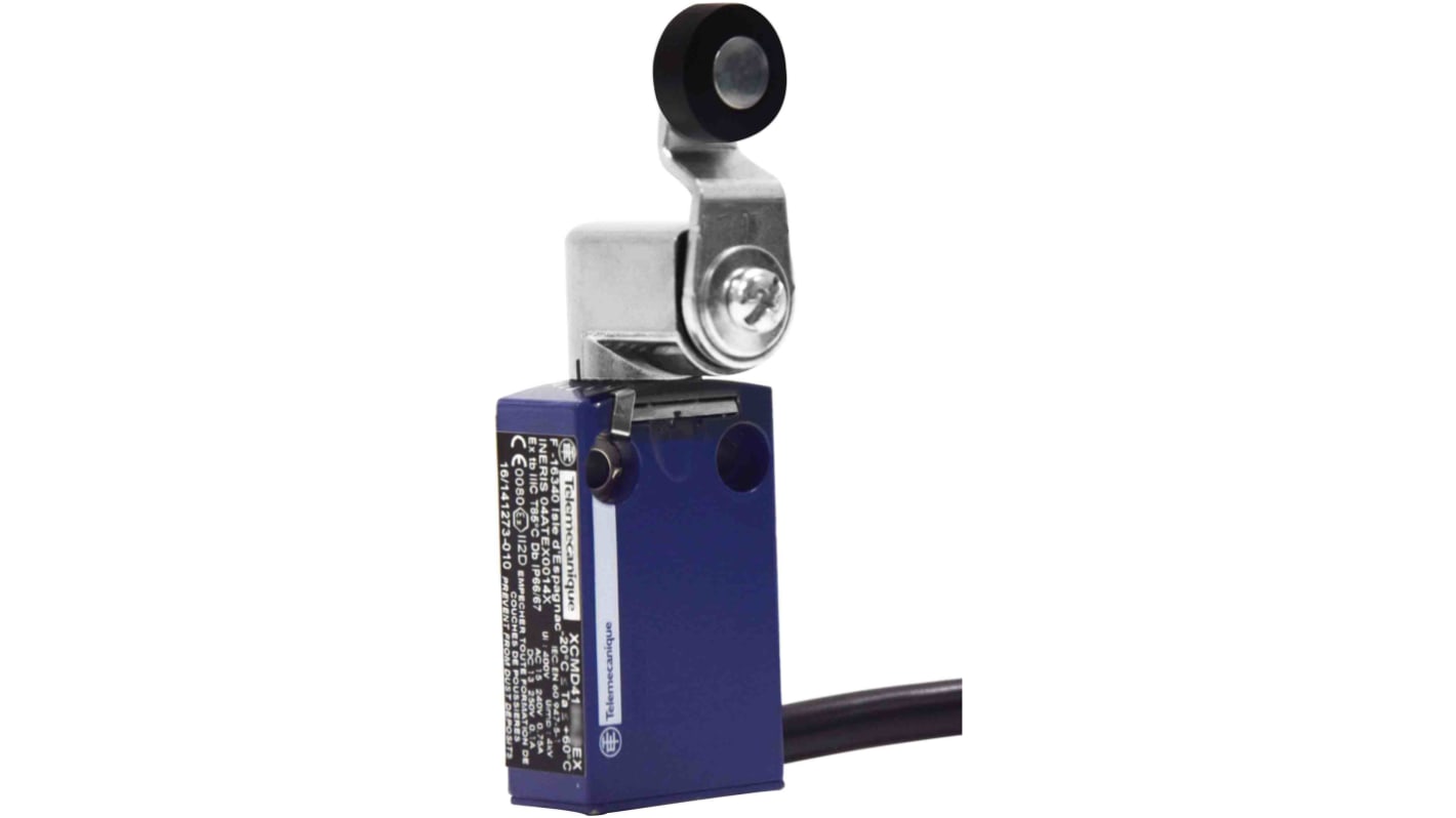 Interruttore di fine corsa a rullo Telemecanique Sensors XCMD4115L5EX, 2NA e 2NC, IP66/IP67, custodia metallica, corrente max 6A.