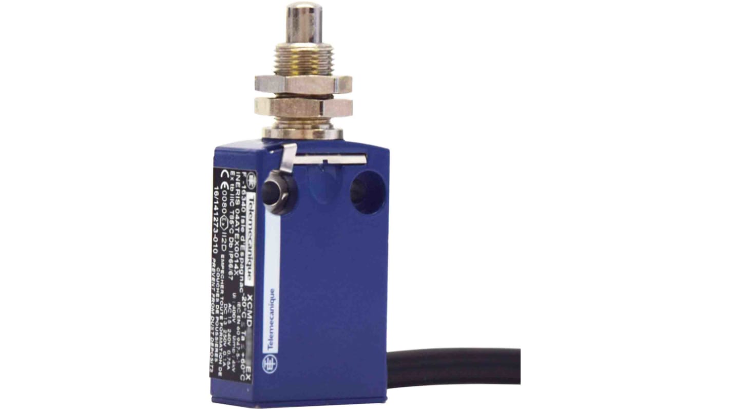 Interruttore di fine corsa Telemecanique Sensors XCMD41F0L5EX, stantuffo, 2NA/2NC, IP66/IP67, custodia metallica, corrente max 6A.