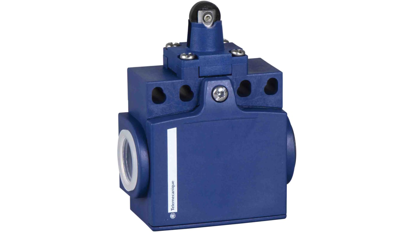 Interruttore di fine corsa a rullo Telemecanique Sensors XCNT2102P16, 1NC/1NA, IP66/IP67, custodia metallica, corrente max 10A.