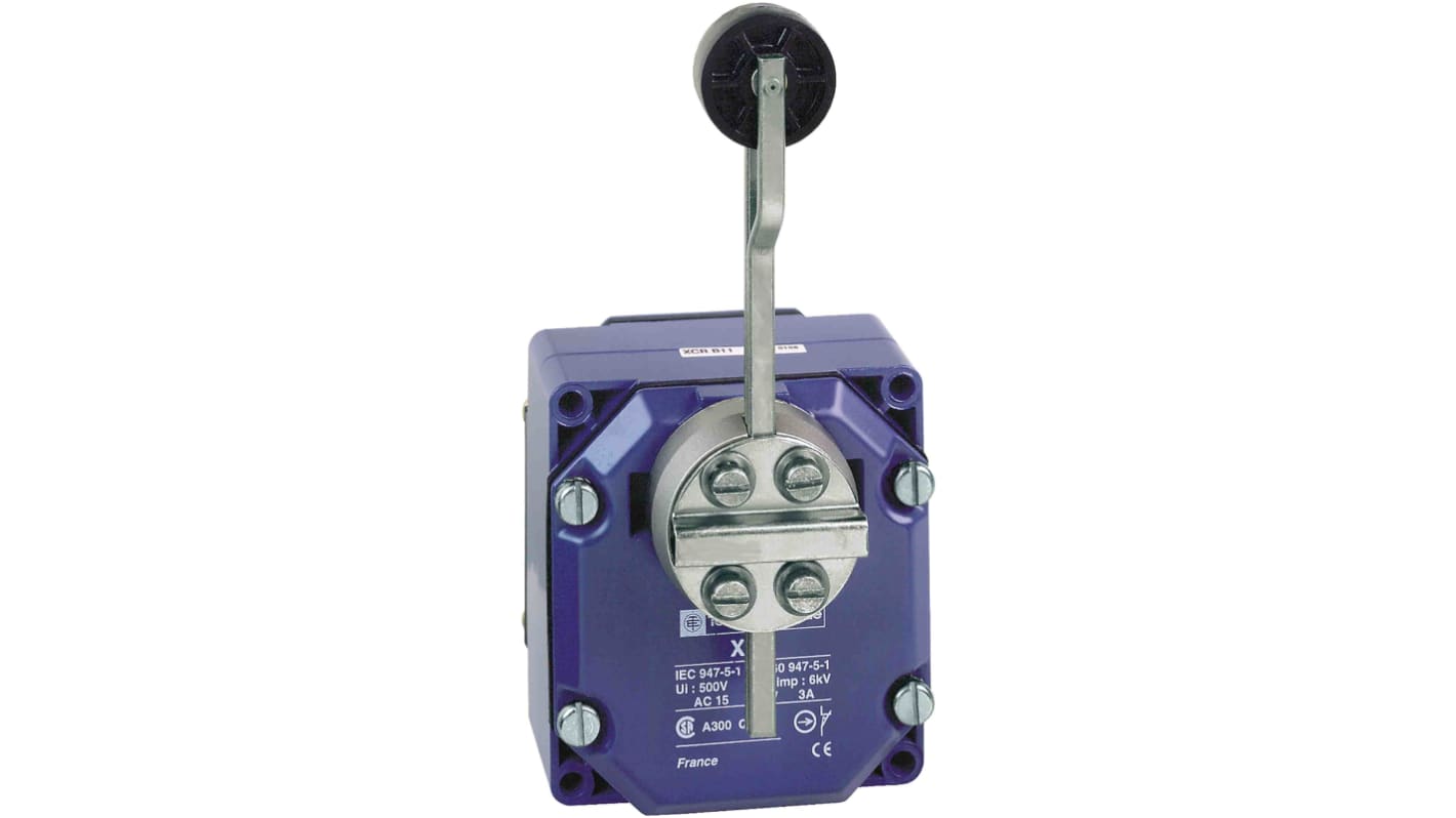 Interruttore di fine corsa a rullo Telemecanique Sensors XCRB12, 2NA e 2NC, custodia metallica, protezione IP66/IP67, corrente max 10A.